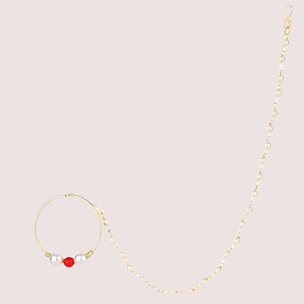 Bridal Nose Ring with Pearl Chain for Women